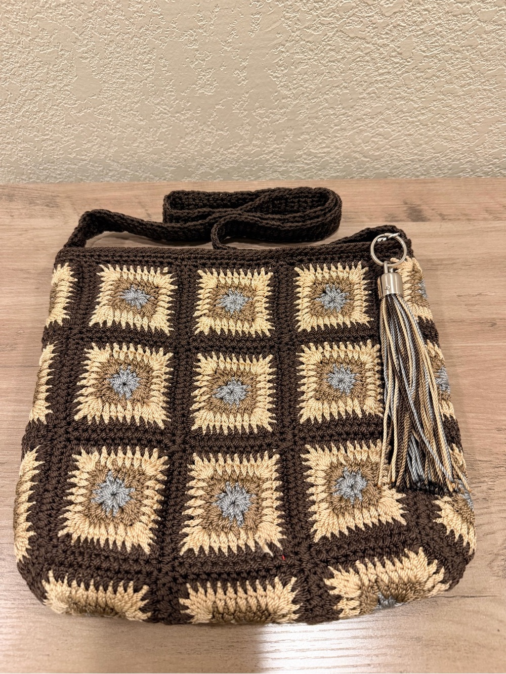 Naturalizer Handcrafted Brown Crochet Square Crossbody Bag with Tassel
